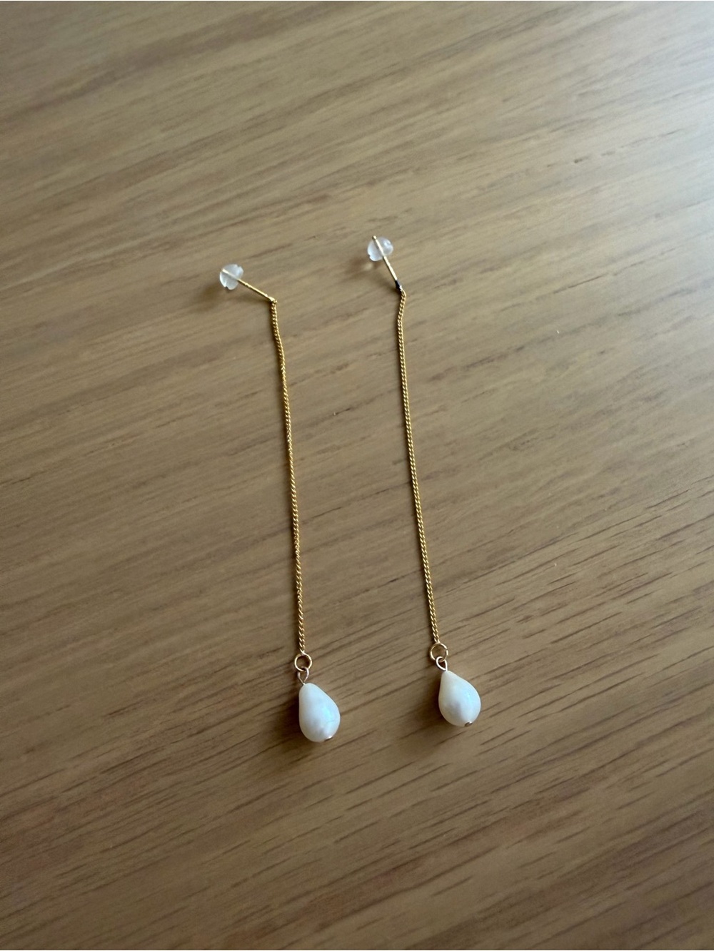 Gold Drop Threader Earrings with White Teardrop Beads